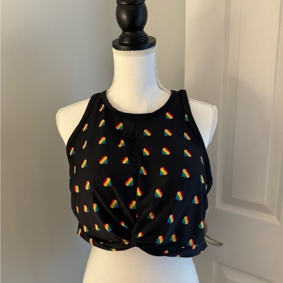 Sirena Brand Black Bikini/Tankini Top with rainbow Hearts High Neck Size 2XL - Picture 5 of 9